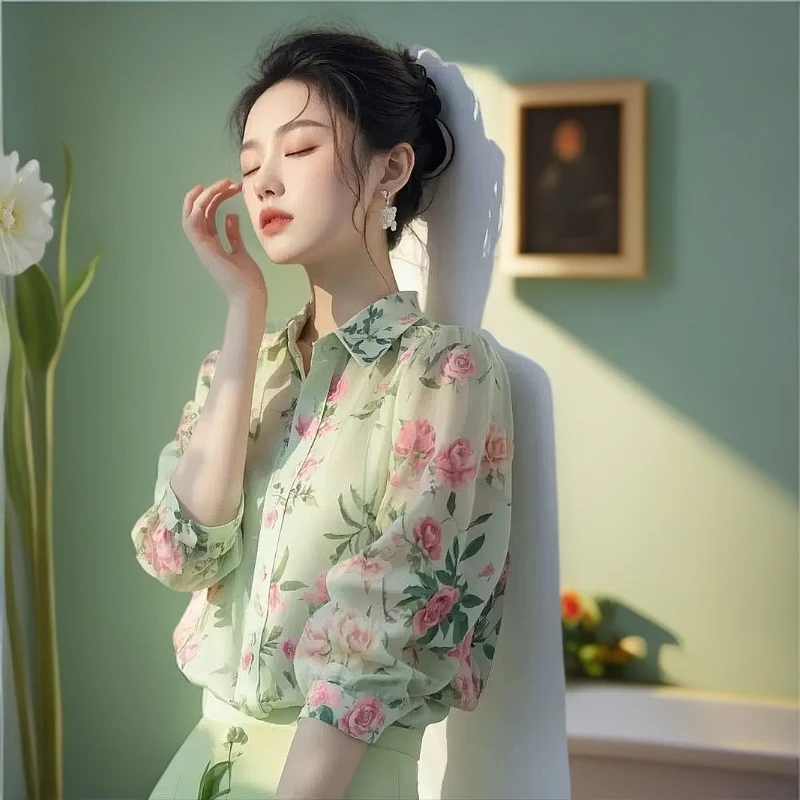 夏季七分袖衬衫小众原宿风打底衫衬衣POLO领国风春夏印花碎花