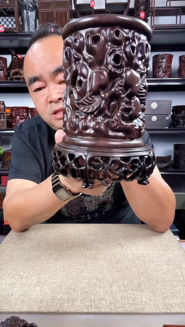 木新款3+寿桃笔筒老李红木工艺品
