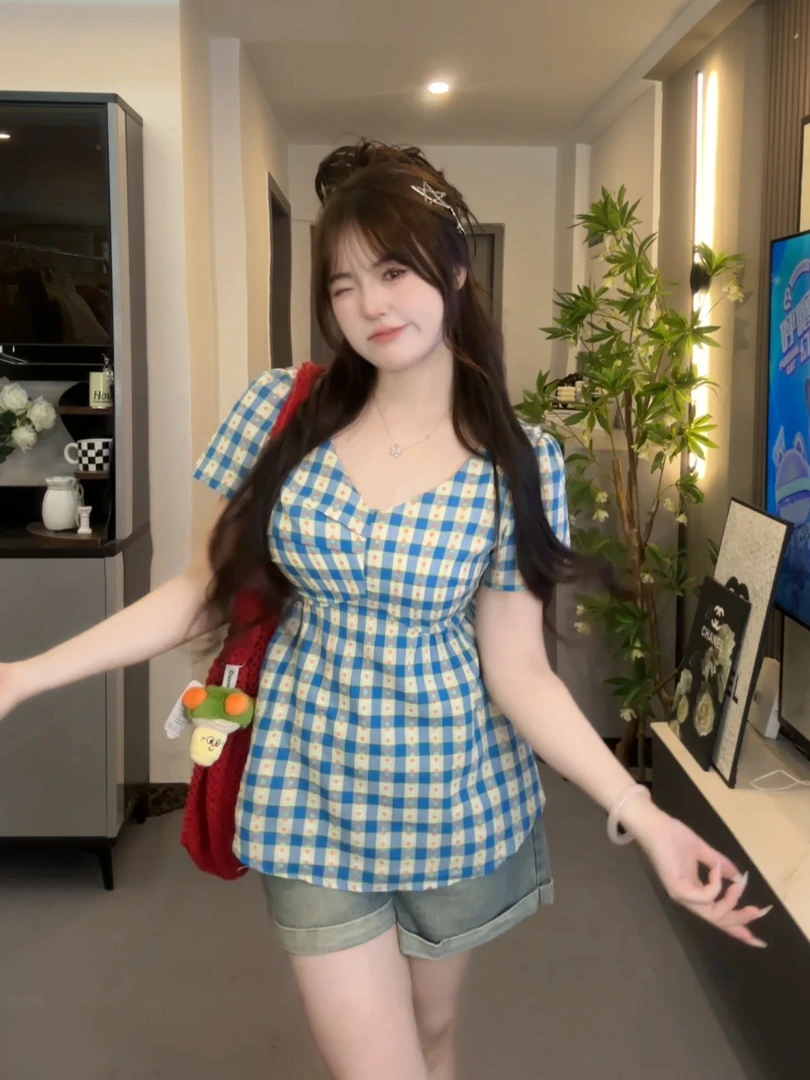 【现货】法式复古蓝色格子衬衣女夏季甜美风设计感上衣9016