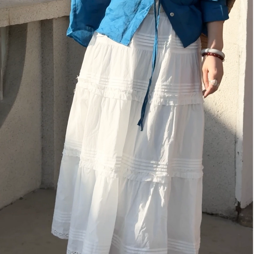 文艺风～手工毛边拼接蛋糕裙松紧腰半裙