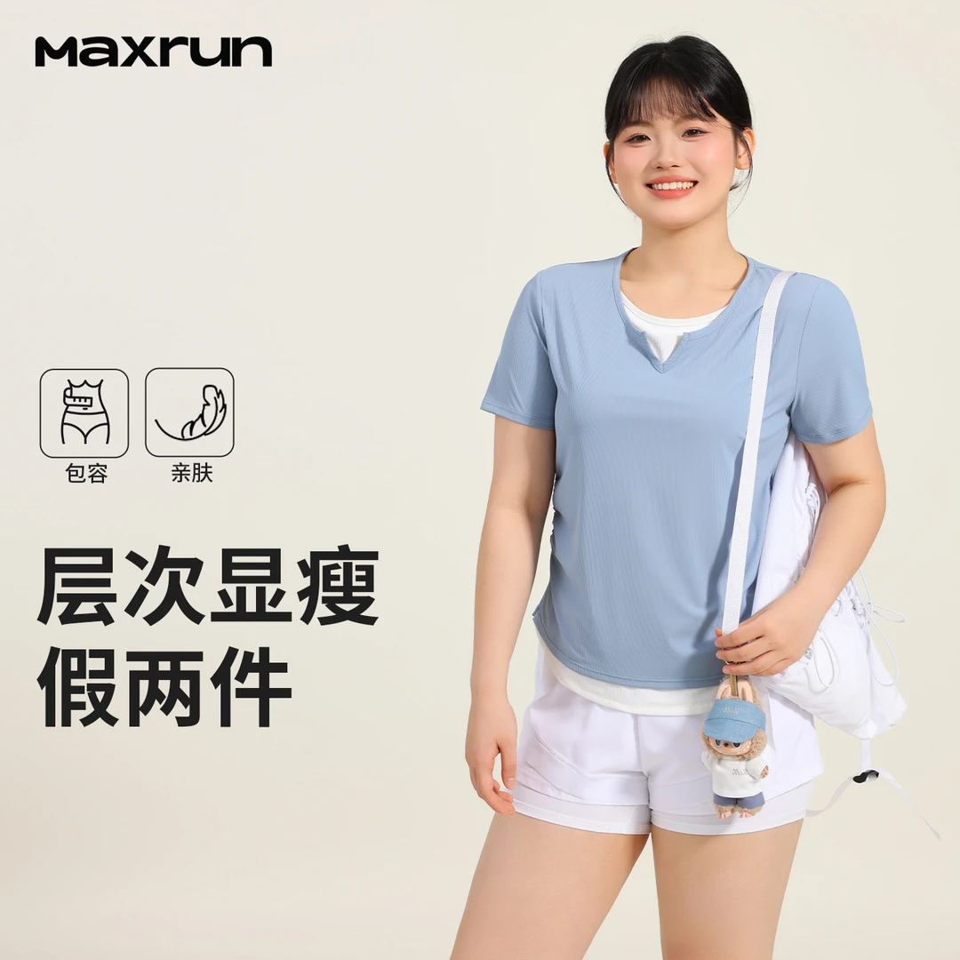 MaxRun大码瑜伽服女假两件修身短袖运动上衣健身T恤透气速干衣M57