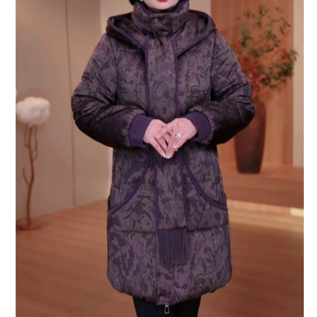 云竹女装25年长款冬季女装棉衣拼接连帽时尚宽松保暖 SXE-25-5880