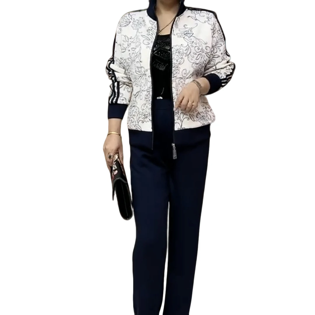 中年妈妈秋季高档运动开衫套装时尚休闲显瘦气质印花长袖