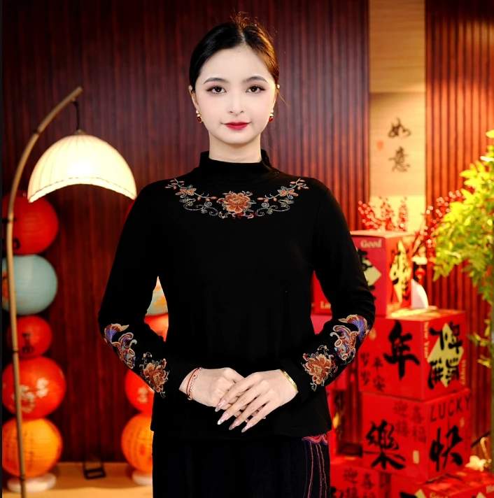[锦鲤]柒夫人高定加绒气质优雅百搭新中式刺绣打底衫