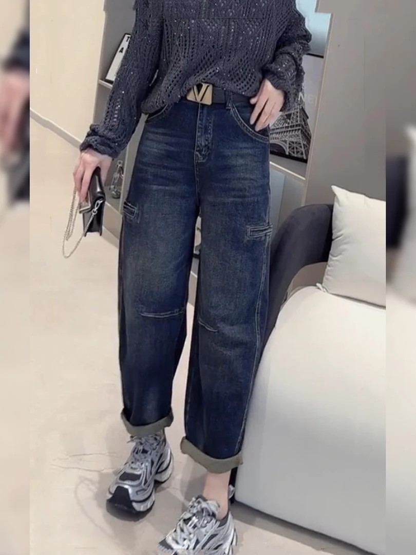 秋季新款高腰显瘦复古蓝牛仔裤女梨型胖mm大码小个子百搭哈伦裤子