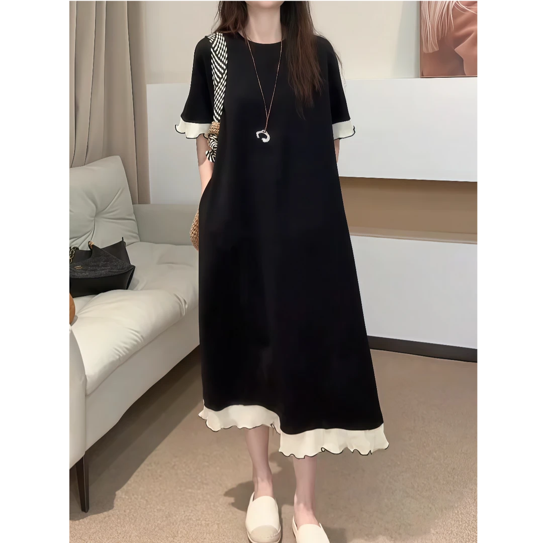 大码女装夏季高级法式设计感拼接连衣裙胖mm遮肚显瘦赫本风小黑裙