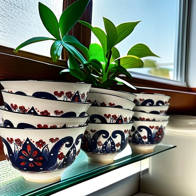 【新疆包邮】qina 12个艾德莱斯碗高档家用陶瓷蓝色茶碗精美网红