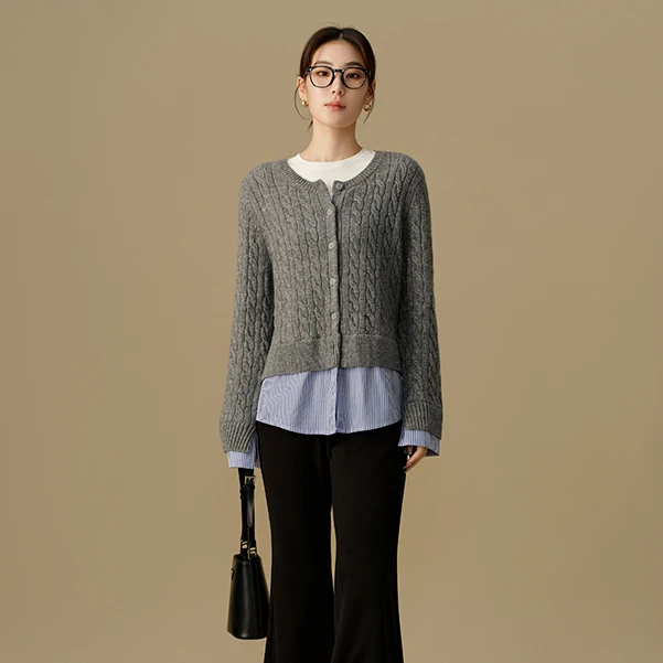 独束微胖M大码女装绞花拼接针织开衫通勤毛衫外套24DS84448