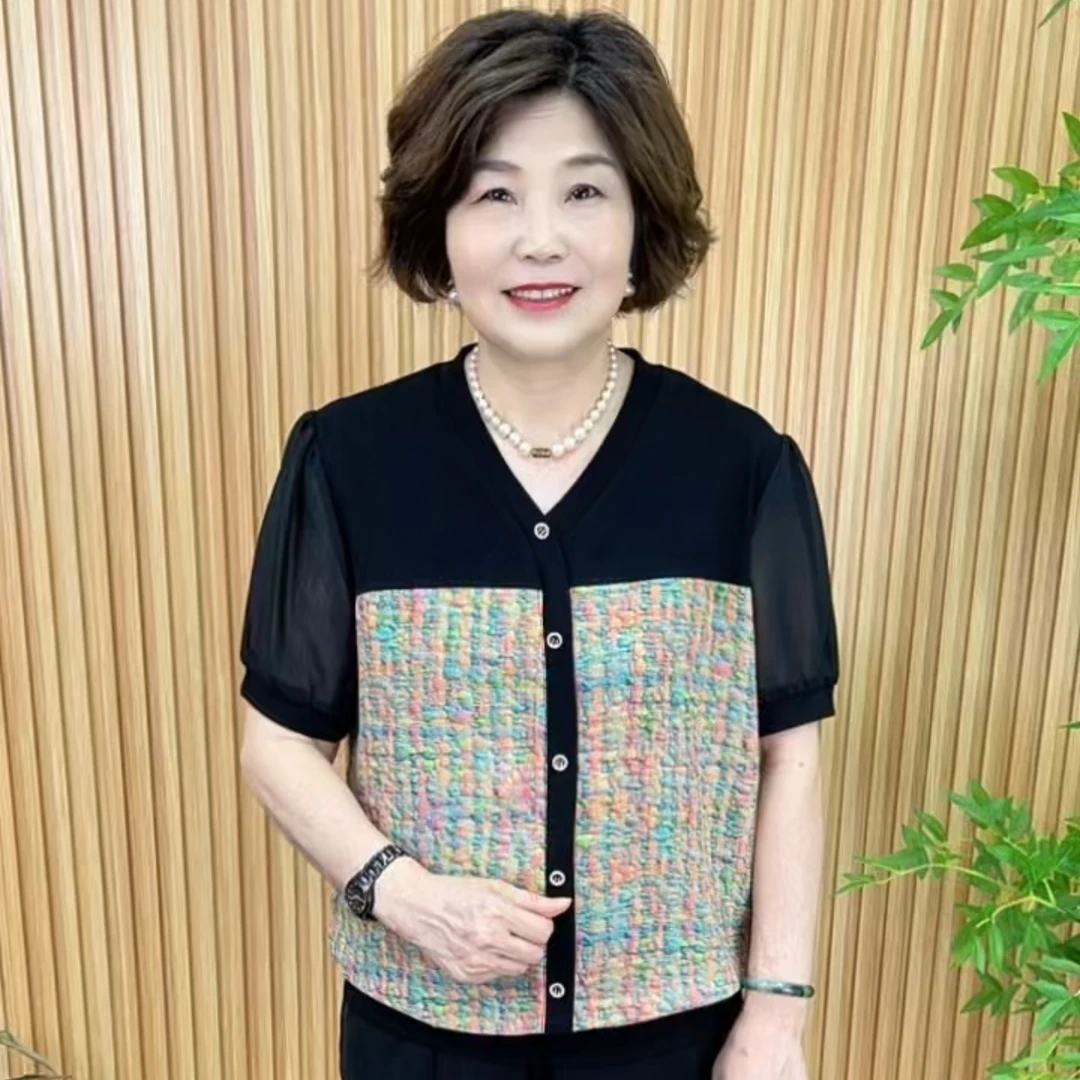 薄款常规短款拼接彩色V领中老年女装百搭时尚显瘦中袖V0008
