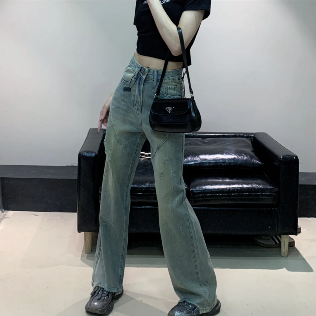 鑫怡定制【磨破窄版】复古宽松显瘦牛仔裤2025复古黄垂感设计阔腿裤