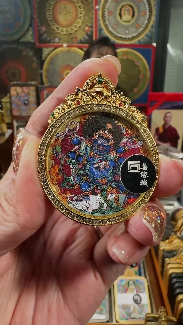 吊坠壹善缘城手绘唐卡六臂大黑天铜壳双面