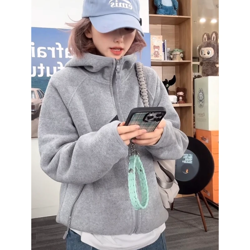 高级感新款冬季女装双面高级感拉链外套时尚百搭户外加厚连帽卫衣