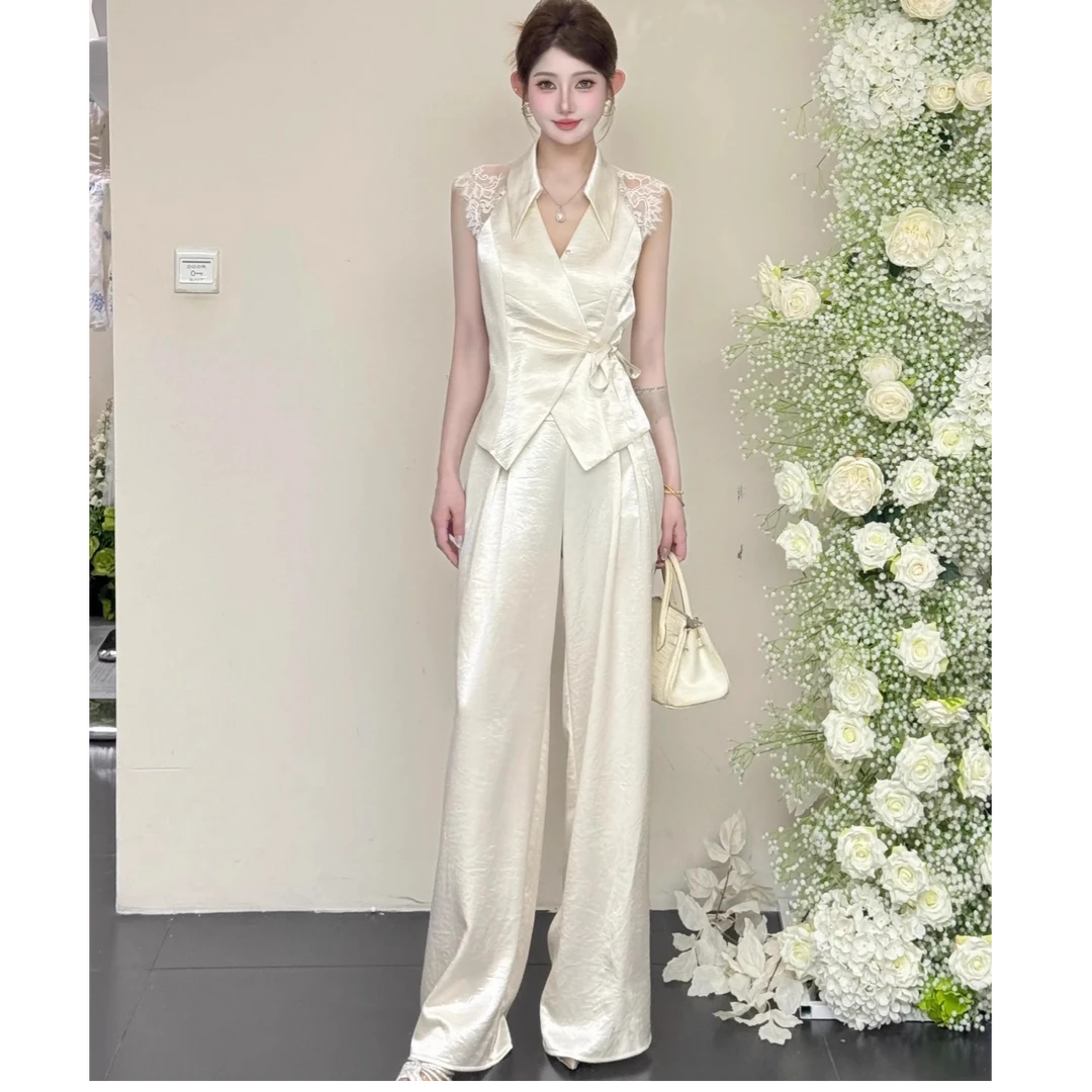 A326 法式气质御姐风蕾丝外套上衣高腰直筒长裤两件套女装新款