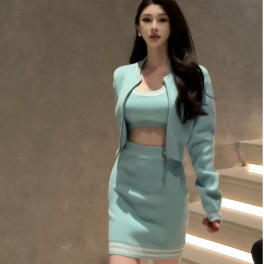 高尔夫气质套装女运动休闲吊带高腰半身裙针织开衫外套拼色三件套