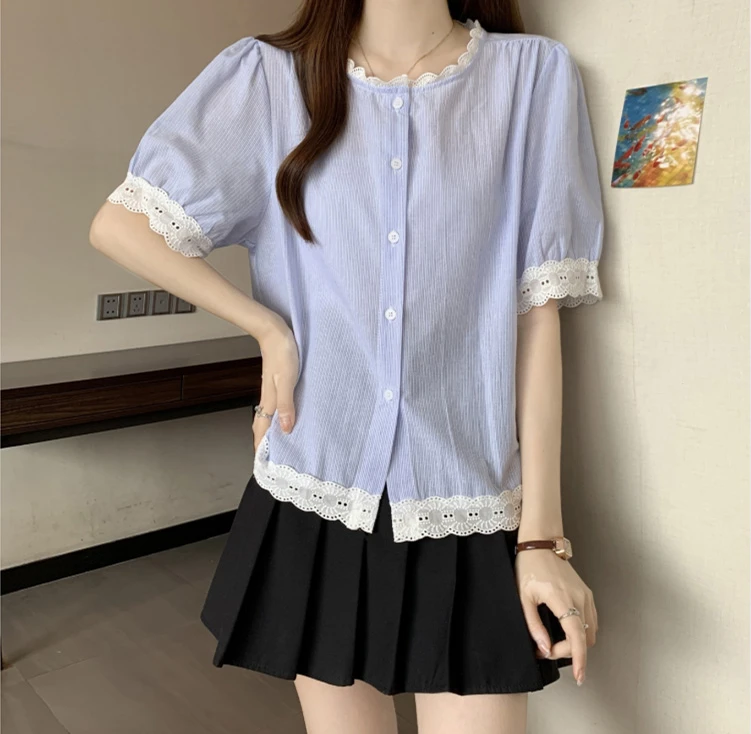 夏季新款蕾丝拼接泡泡袖短袖衬衫女宽松纯棉休闲洋气百搭减龄上衣