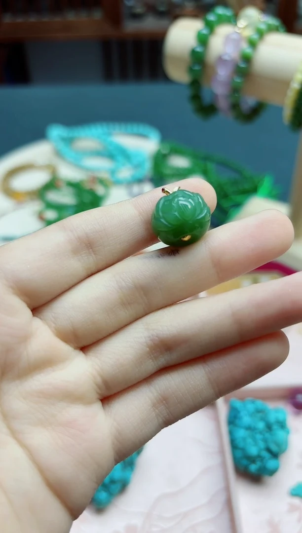 和田玉18K金镶嵌挂件18K金和田玉苹果珠吊坠*1 QC赠链