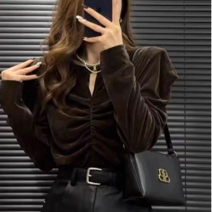 《柚子同款》ZJ早秋款金丝绒褶皱显瘦长袖T恤23126