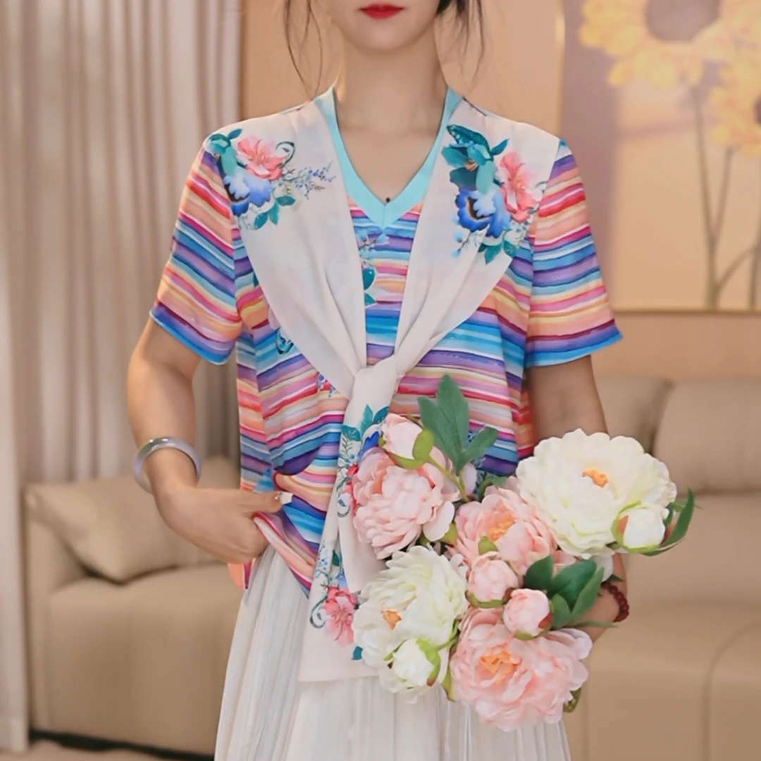 蓝条条纹-2025时尚百搭宽松印花条纹设计感显瘦撞色T恤披肩款休闲