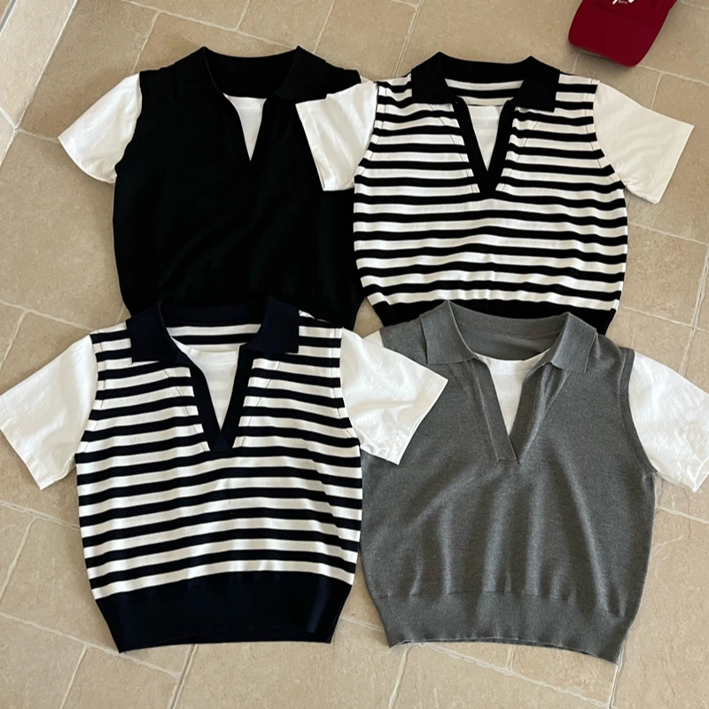 【现货】黑色POLO领短袖针织衫2025新款夏季假两件设计感针织衫上衣