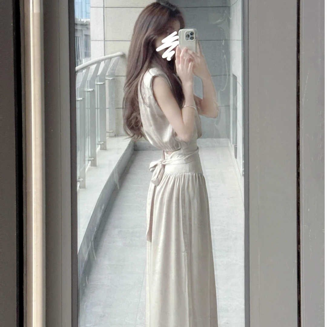 夏装搭配一整套韩系减龄时尚穿搭法式无袖背心高腰阔腿裤两件套装