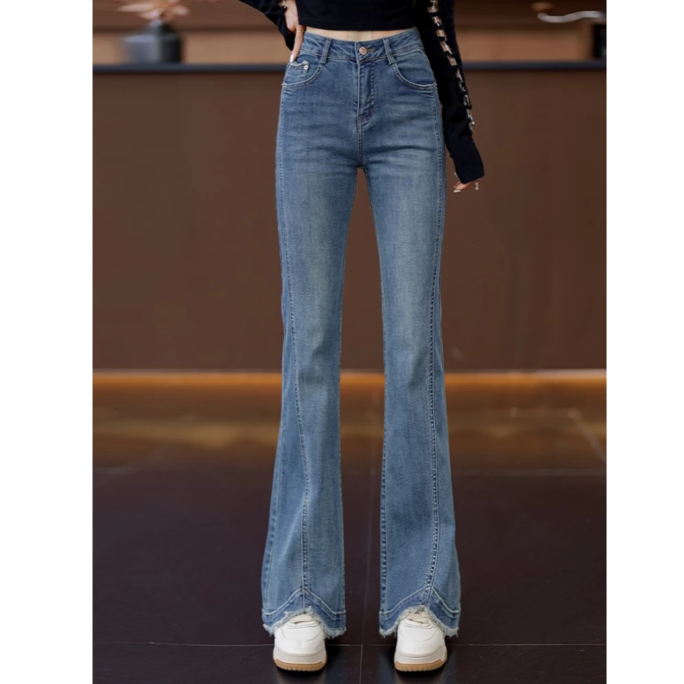 2025春秋新款毛边微喇牛仔裤修身弹力高腰时尚百搭气质喇叭裤女