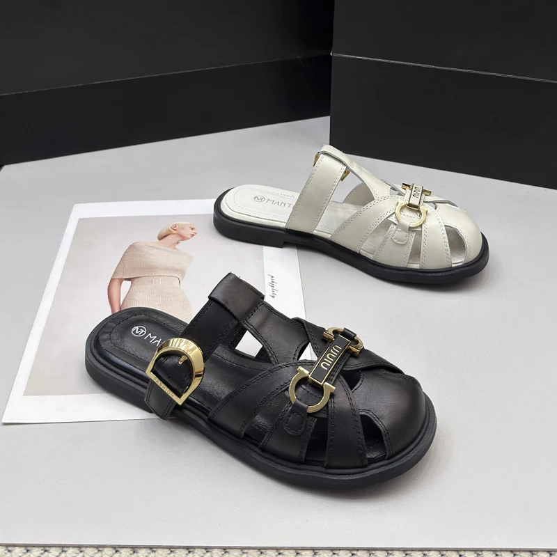 6635-1包头半拖鞋女夏季外穿穆勒鞋时尚镂空平底真皮网红凉拖鞋