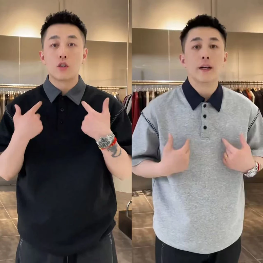 翻领短袖撞色薄款基础大众百搭拼接上衣黑色简约夏装男装时尚半袖