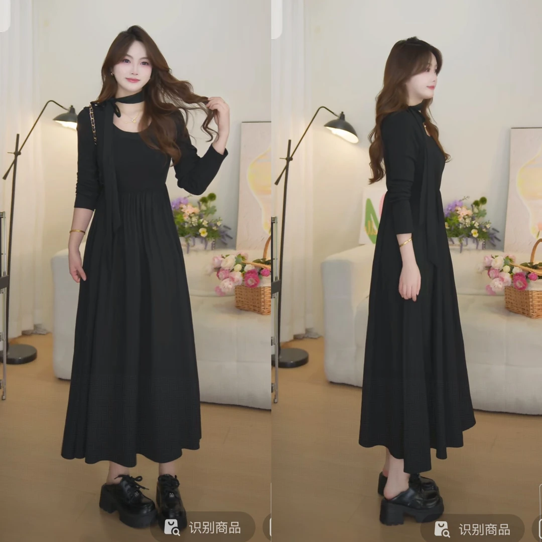 MuMu法式正肩小香风亮片外套WP10298黑色长袖绑带连衣裙WP10385