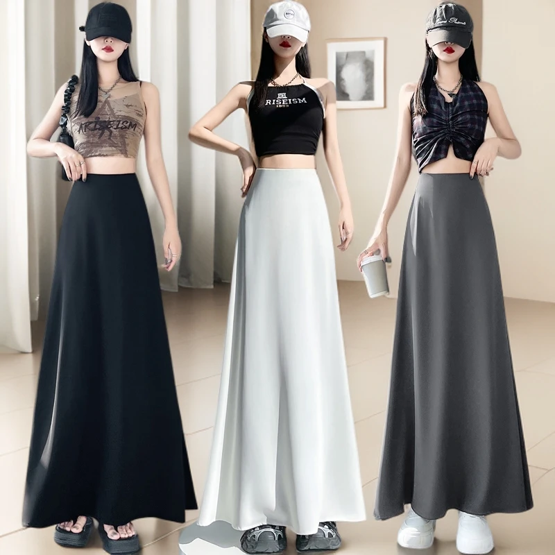 醋酸西装半身夏季高腰显瘦垂感洋气长款女装女款开叉大码黑色