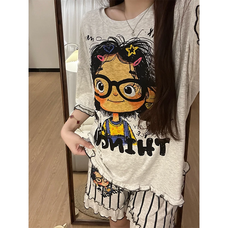 甜美少女趣味短袖睡衣女2025新款夏季家居服显瘦大码套装可外穿