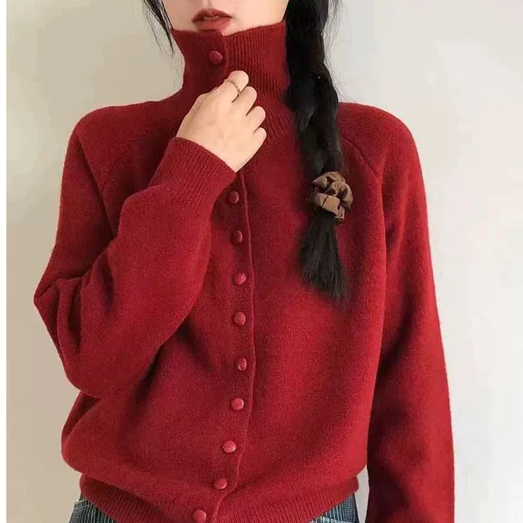 温柔风高领单排扣软糯毛衣开衫女秋冬韩系开衫【九】