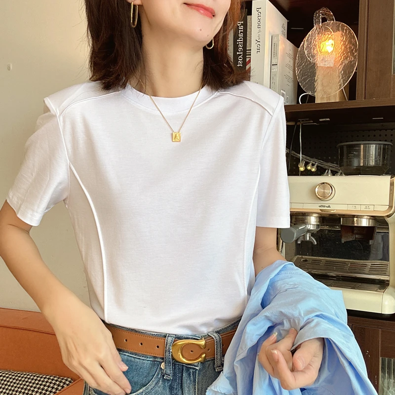 白色短袖T恤女上衣冰感舒适垫肩打底衫气质百搭纯色圆领半袖显瘦