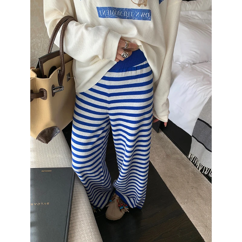 实物太美！针织条纹休闲裤女秋季拖地长裤宽松阔腿裤复古直筒裤子
