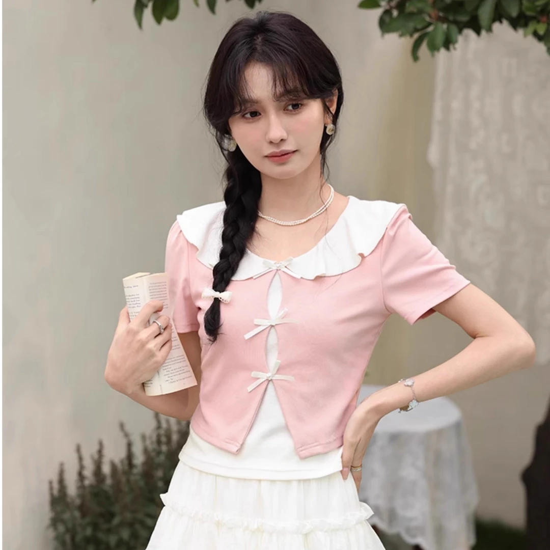 鹿向南「粉丝福利」法式气质修身粉色假两件T恤女短袖设计感上衣