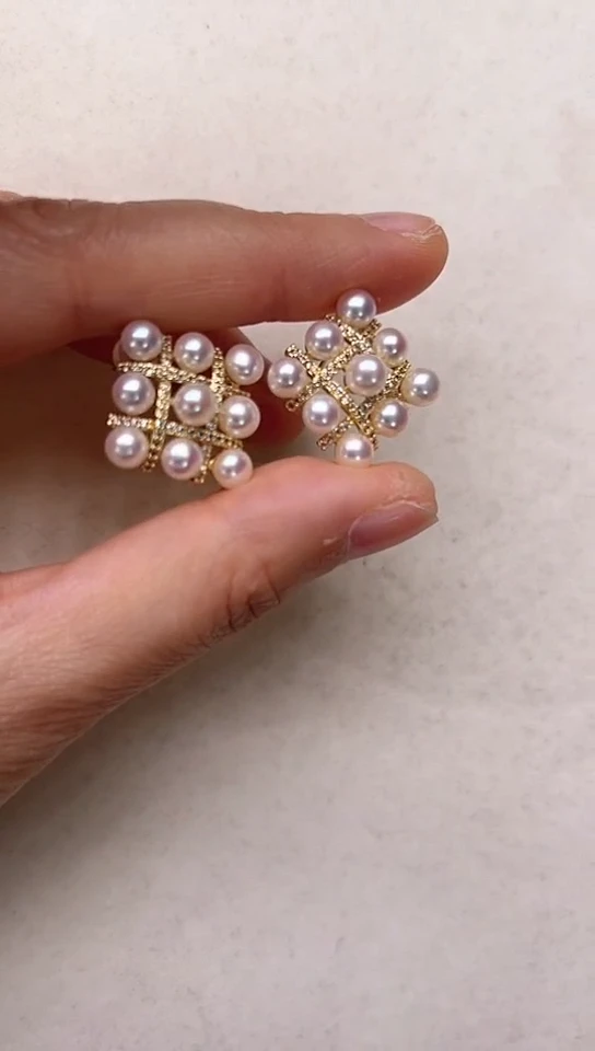 【闪购商品】淡水珍珠耳饰合金棋盘金色