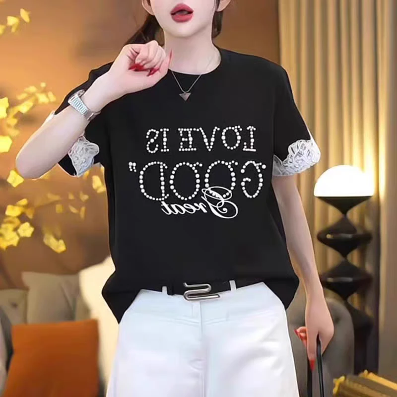 2213款蕾丝钉珠短袖女夏季新款正肩设计感上衣