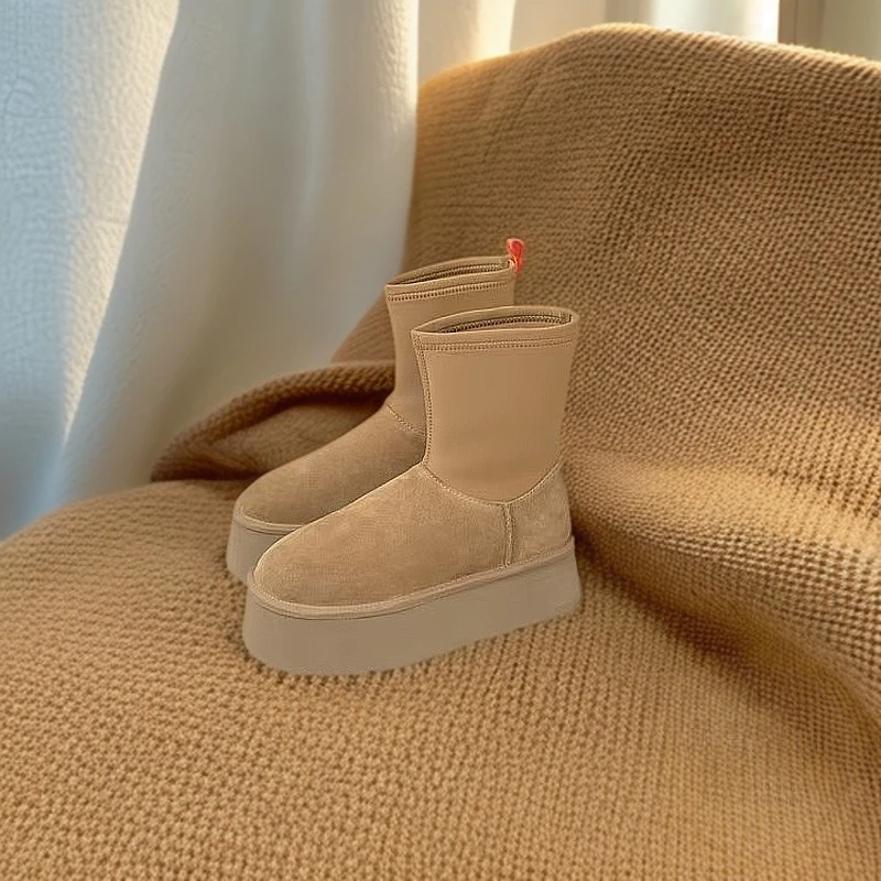 桑坡厚底铅笔靴冬季新款皮毛一体短筒雪地靴显瘦加绒靴加中筒棉鞋