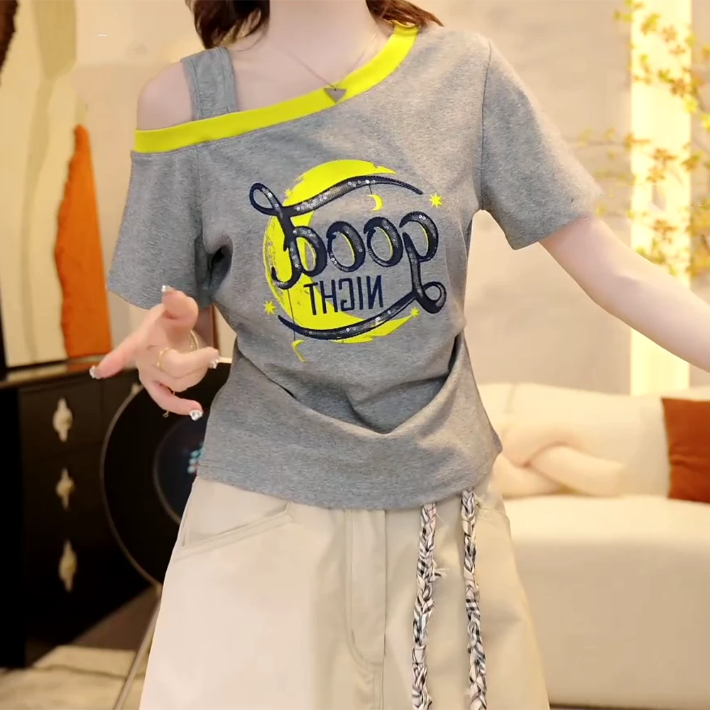 『氛围日记』夏季撞色假两件斜肩领时尚百搭短袖T恤上衣女