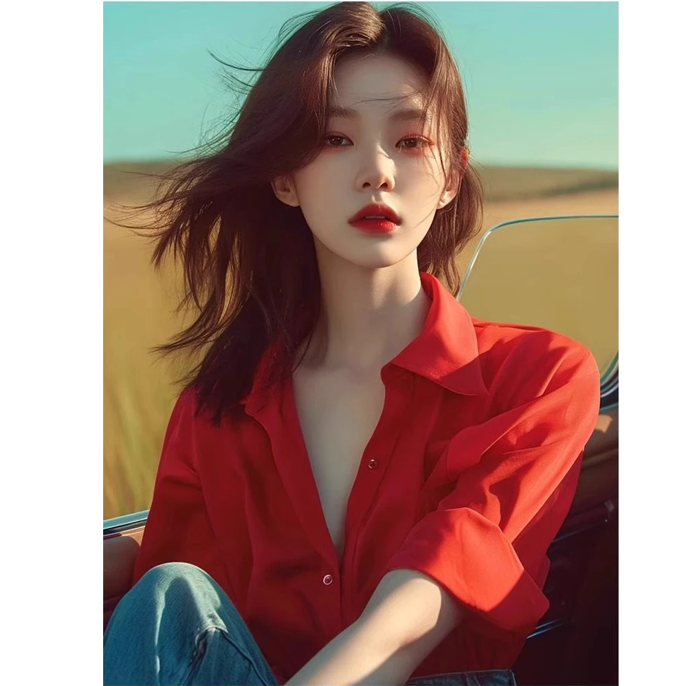 【丝滑垂顺】衬肤色港风美人红色衬衫女2025年春季气质正肩衬衣开衫