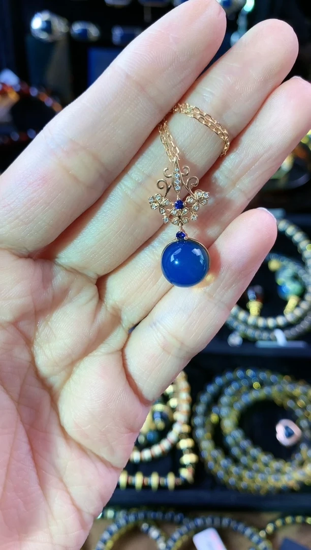 【闪购商品】琥珀珠宝奇石18K金镶嵌10MM多米尼加皇家蓝吊坠