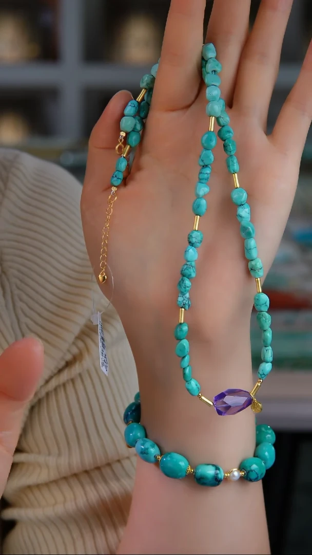 银S925镀金镶嵌绿松石项链1