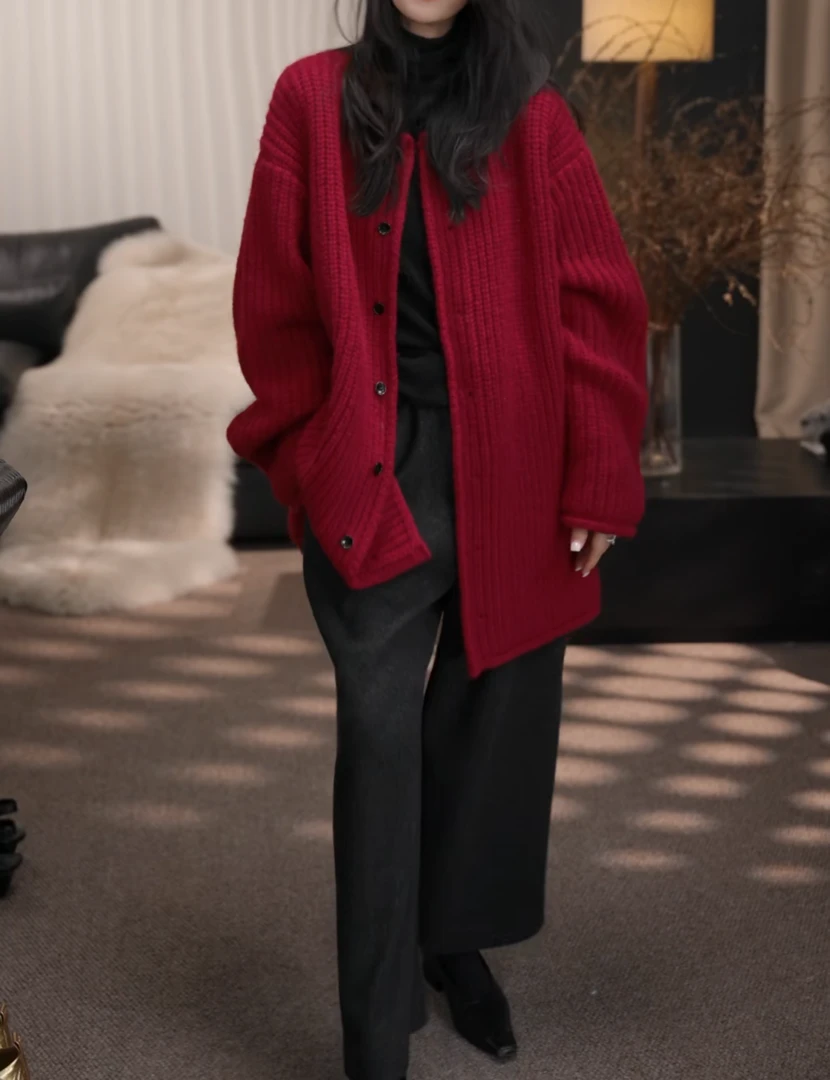 卢尚粗针织手工开衫外套9637