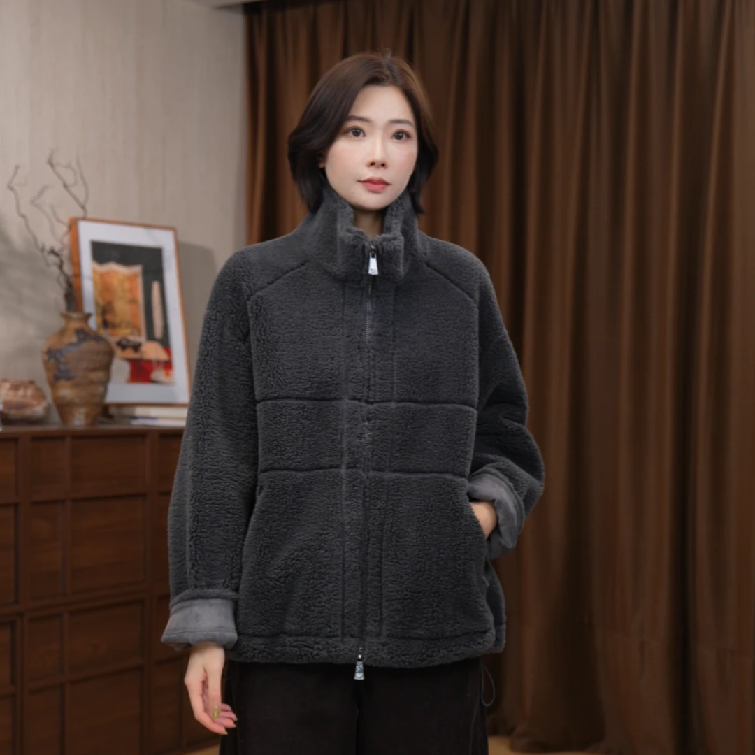 宽松型休闲风加厚开衫户外保暖毛茸茸毛呢外套