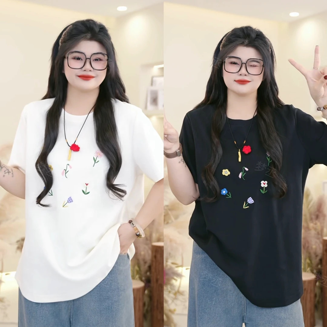 【浪漫花园】大码女装设计感刺绣立体装饰圆领百搭可爱宽松短袖上衣