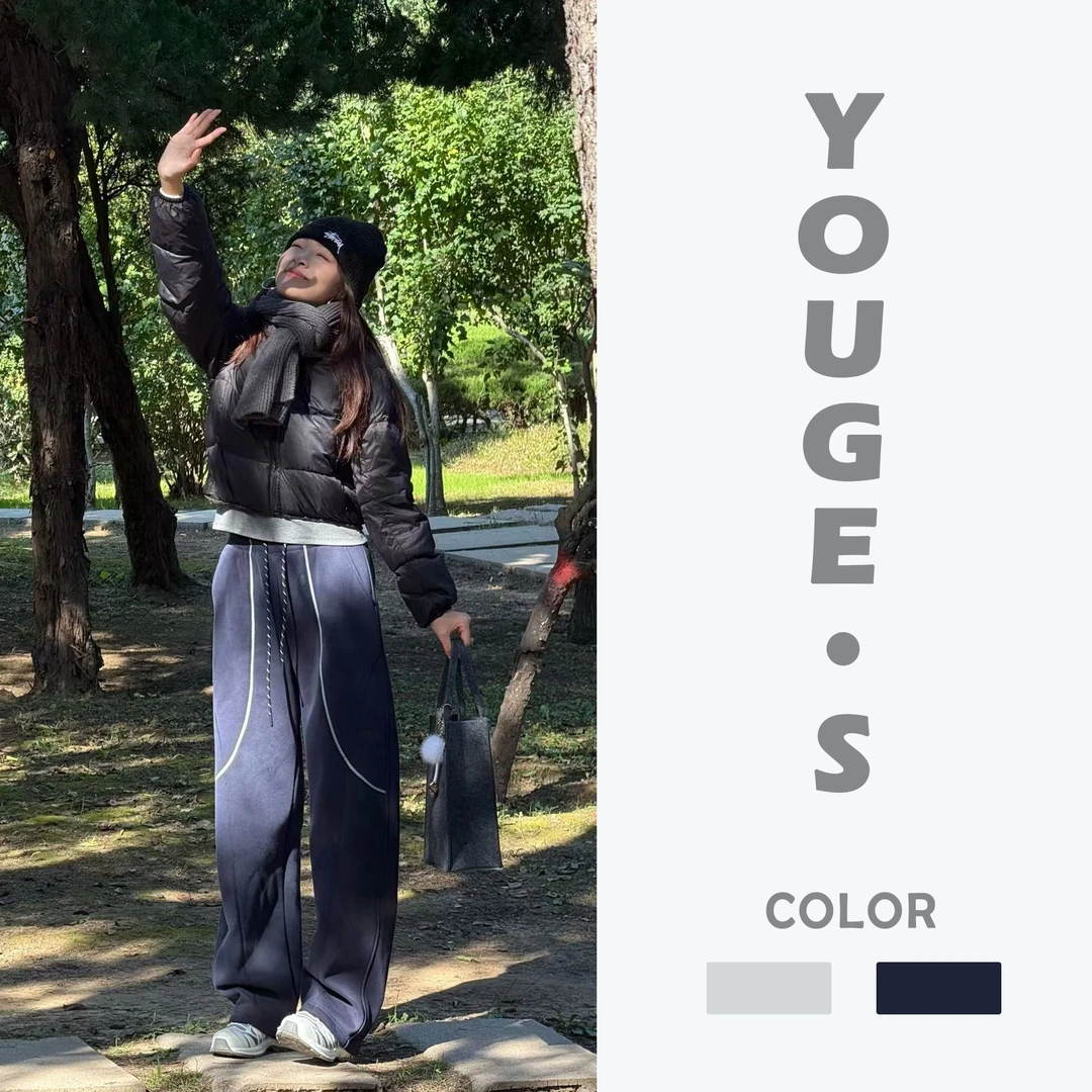 2025冬季新款弯刀阔腿裤休闲裤重工麻丝拼接走线百搭宽松抽绳女裤