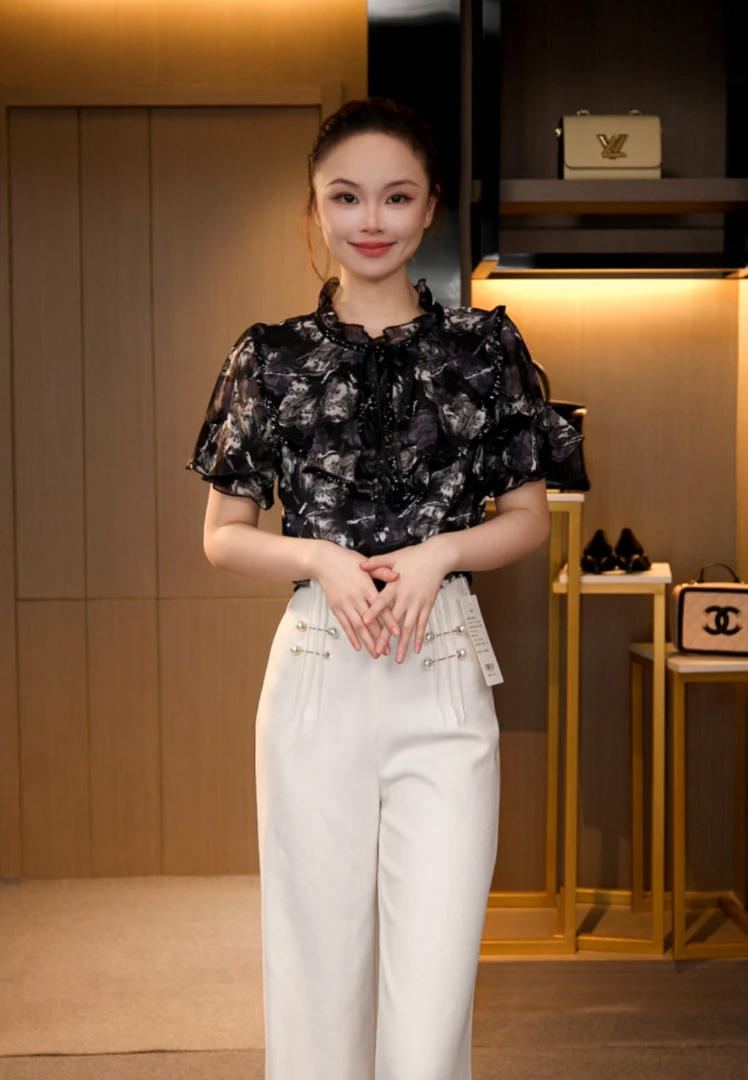 L4X2176 法式复古显瘦气质琉璃双绉丝T恤上衣