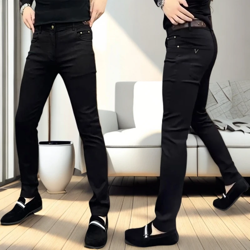 牛仔裤男秋冬时尚潮流加绒小直脚休闲裤轻奢黑灰秋冬高级感牛仔裤