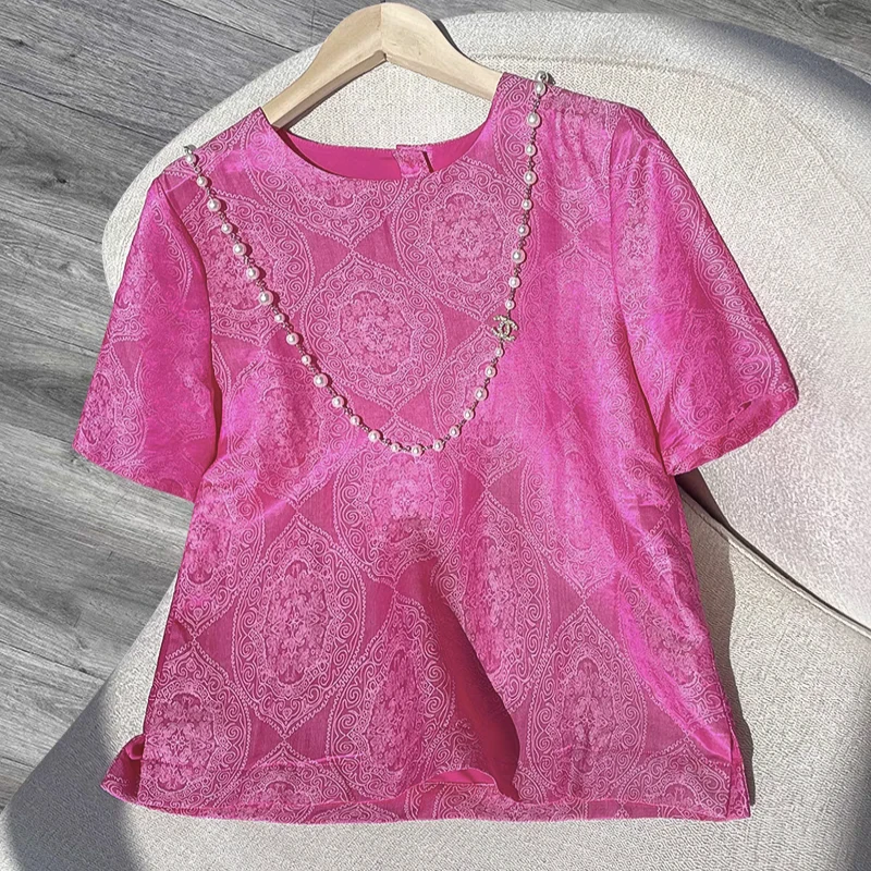 《董家出品》夏季气质圆领百搭套头桑蚕丝提花衬衫