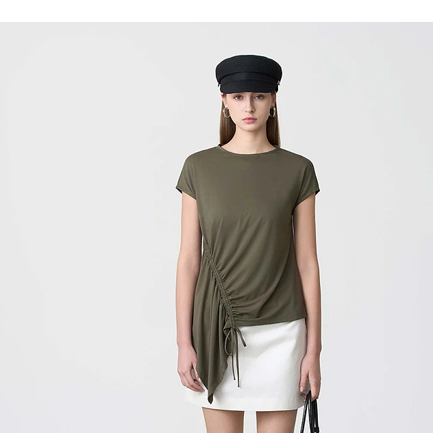 S·DEER圣迪奥夏季女装时尚修身显瘦不对称设计感短袖T恤S24280118