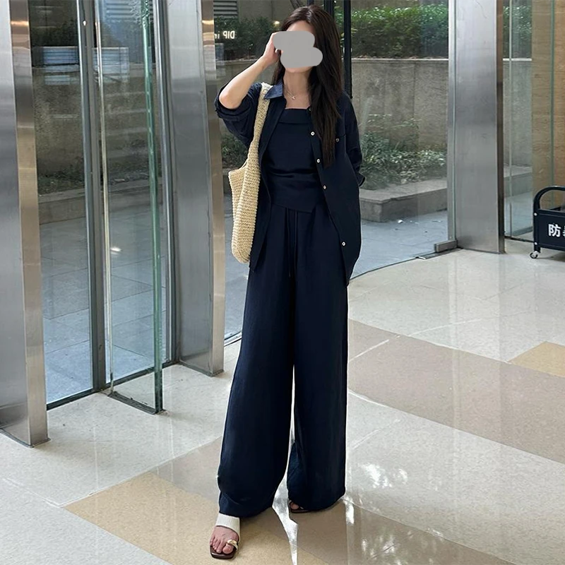 夏季新款时髦薄款遮肉显瘦防晒衬衫吊带高腰腰阔腿裤高级感三件套